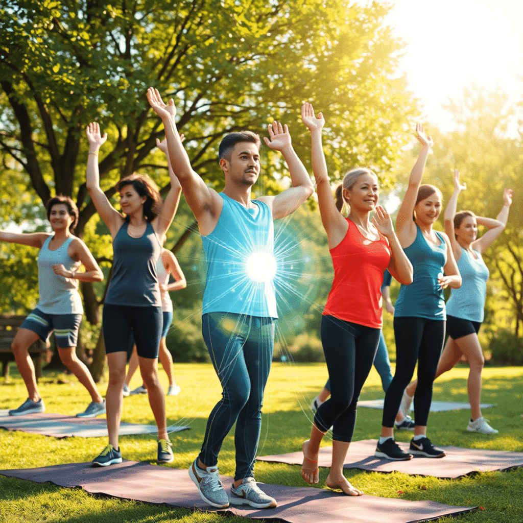 Athletes outdoors doing gentle physical therapy exercises amid green trees and sunlight, with glowing joints and flowing energy lines symbolizing h...