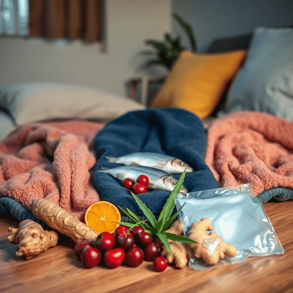 Cozy scene with turmeric roots, fresh fish, cherries, aloe vera, ginger around a heating pad and ice pack, bathed in soft warm light.