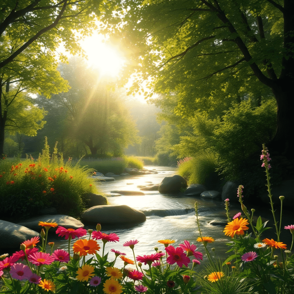 Sunlight filters through lush trees over a gentle stream surrounded by vibrant flowers and herbs, with subtle abstract shapes symbolizing harmony.