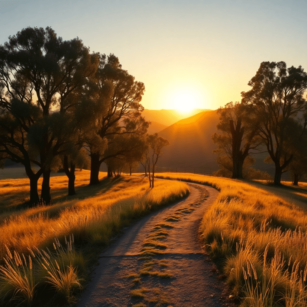 Sunrise over a peaceful Australian landscape with eucalyptus trees and a winding path through gentle hills, bathed in soft golden light.