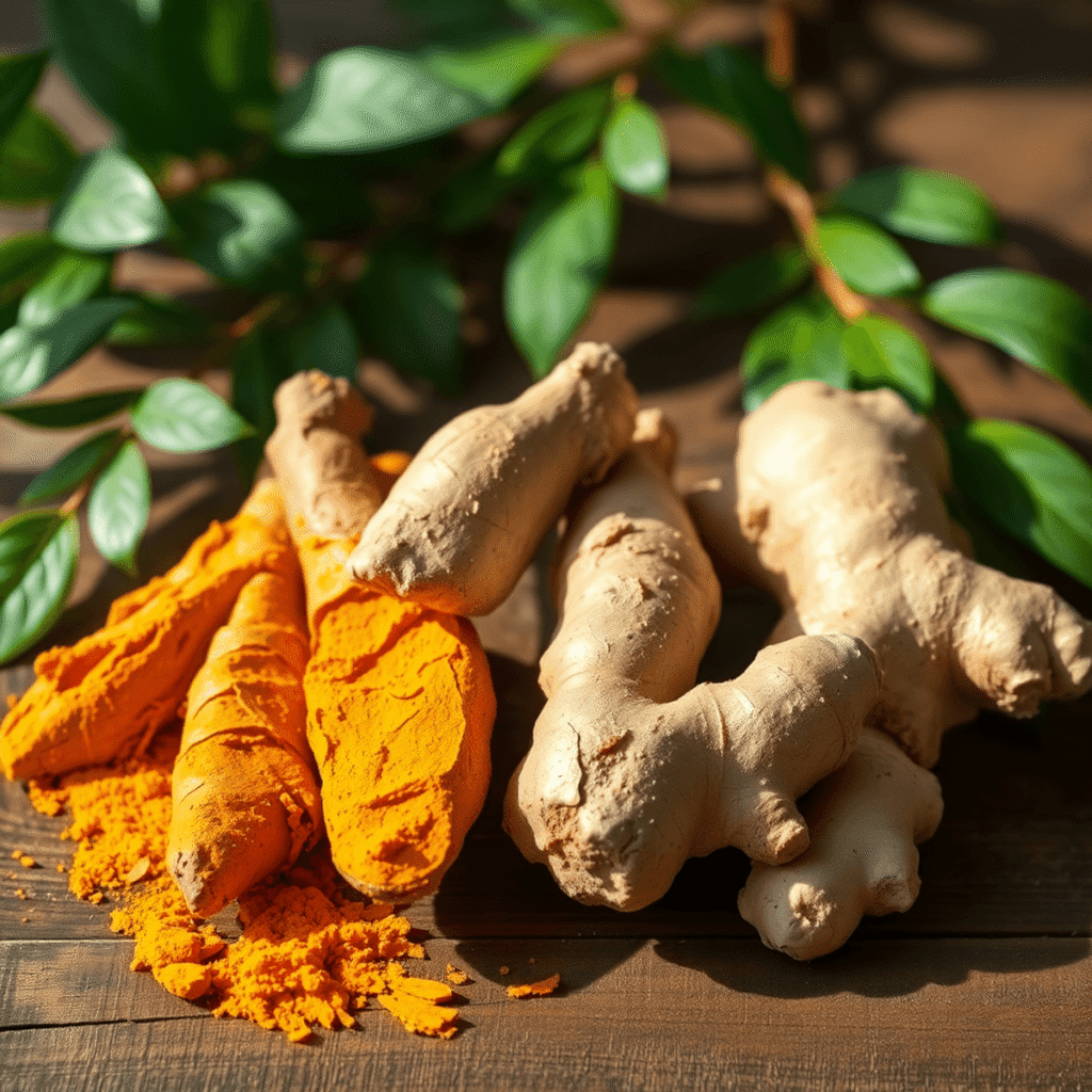 Turmeric roots, fresh ginger, and green boswellia leaves arranged on wood, bathed in soft natural light, symbolizing natural anti-inflammatory heal...