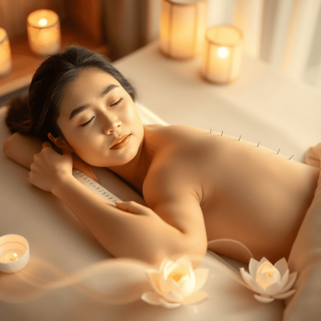 A calm woman resting on a massage table with acupuncture needles, surrounded by glowing lanterns, lotus flowers, and flowing waves in soft natural ...