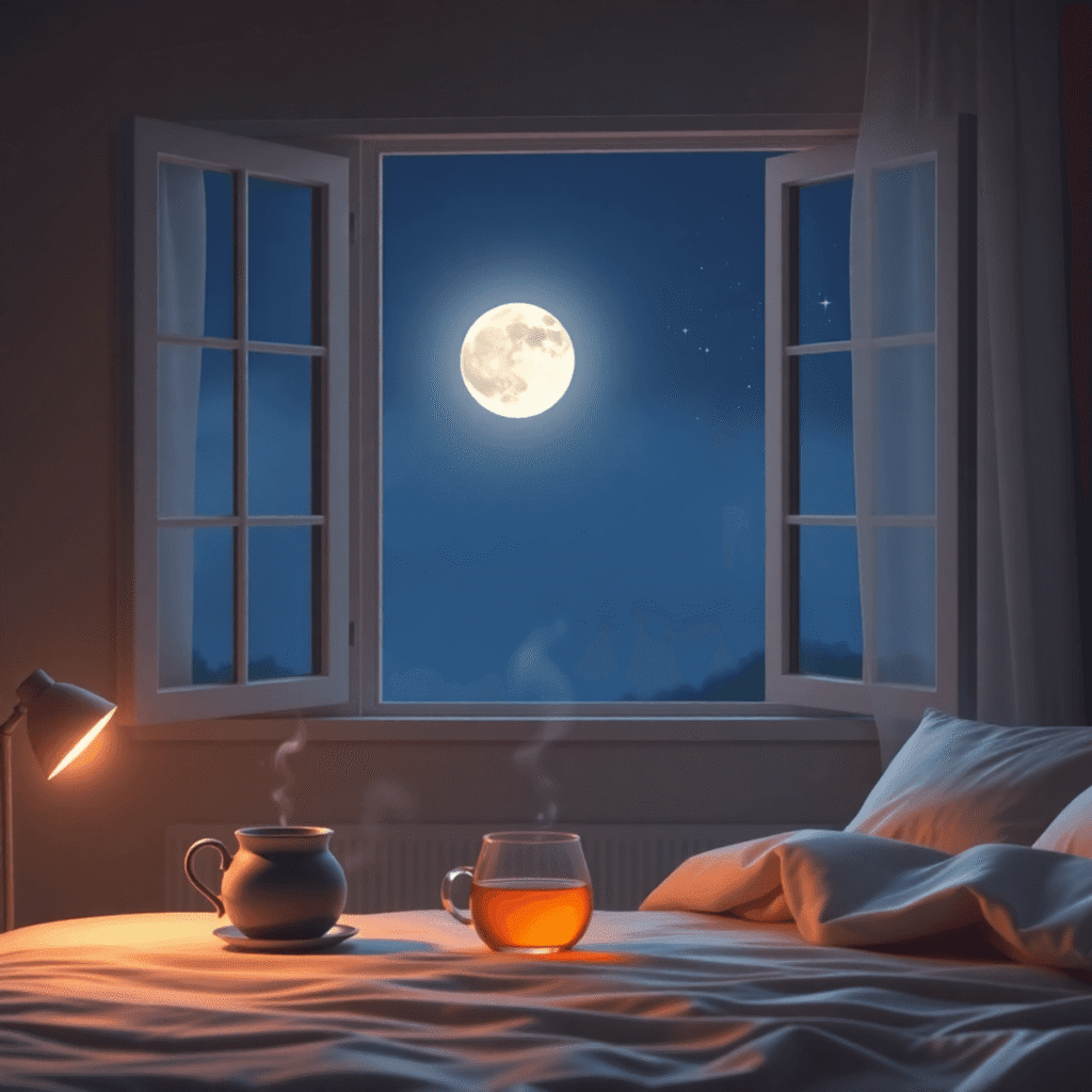 A cozy bedroom at dusk with warm lighting, an open window showing a starry night, a steaming cup on the bedside table, and a comfy bed with pillows...