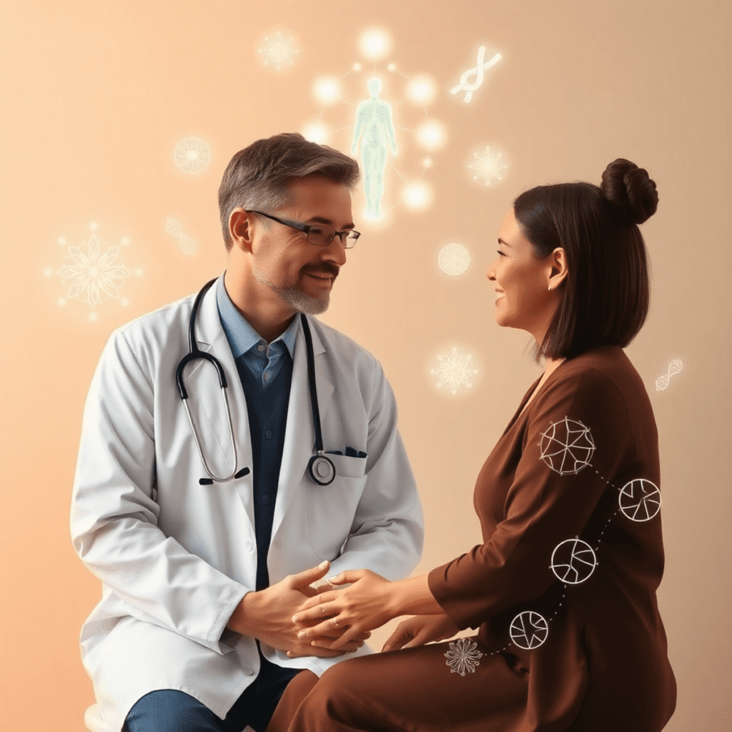 A healthcare practitioner and patient in a warm consultation room with glowing body systems, herbs, DNA strands, and lifestyle icons symbolizing ho...