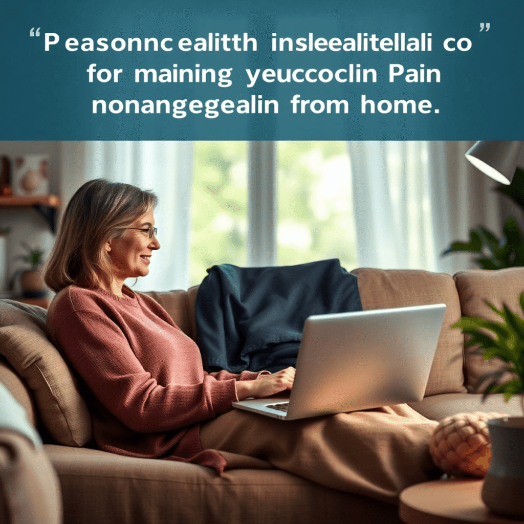 A middle-aged woman using a laptop for a virtual medical consultation in a cozy, softly lit room with plants, symbolizing personalized telehealth c...