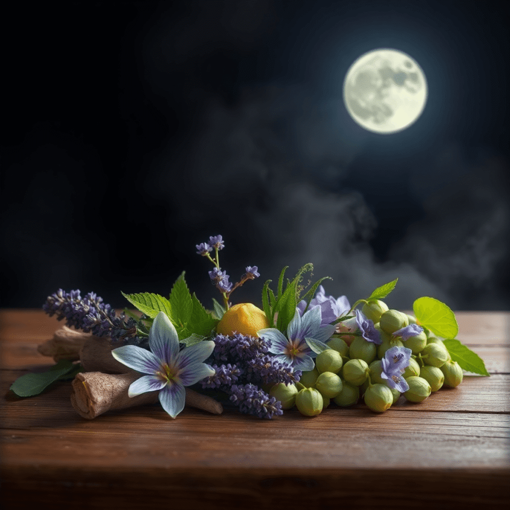A serene nighttime scene of valerian root, lavender, lemon balm, passionflower, and hops on wood under soft moonlight with a gentle mist.