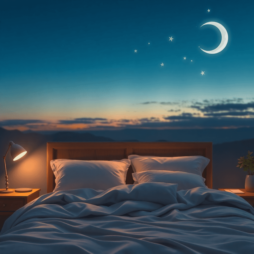 Cozy bedroom at dusk with soft lighting, plush bed, glowing crescent moon and stars, surrounded by smooth flowing waves and gentle spirals symboliz...