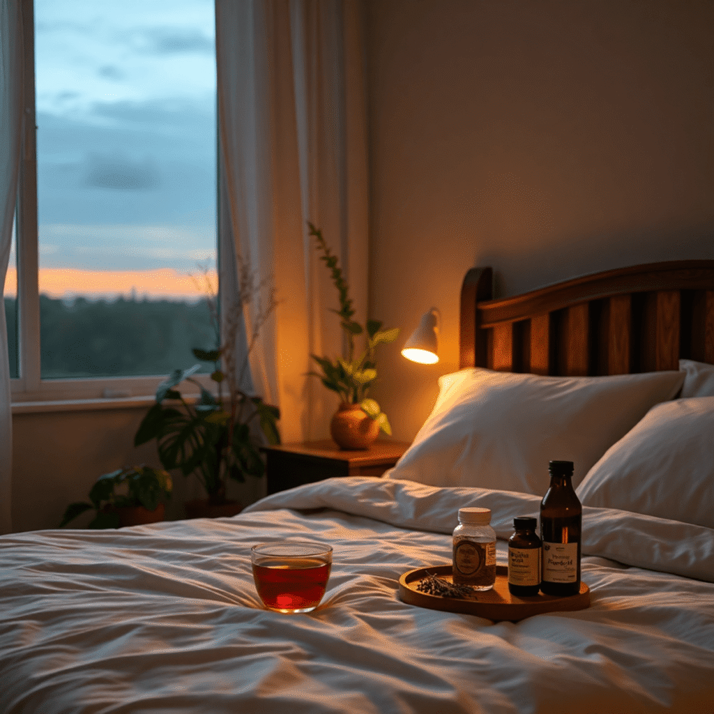 Cozy bedroom at dusk with soft warm lighting, a bed surrounded by plants, and calming herbal tea on a bedside table, evoking restful sleep and well...