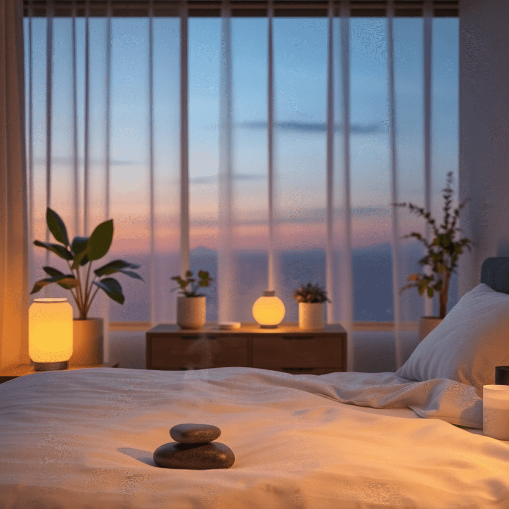 Cozy bedroom at dusk with warm lighting, plants, smooth stones, a diffuser mist, and a comfortable bed, creating a tranquil and calming atmosphere.