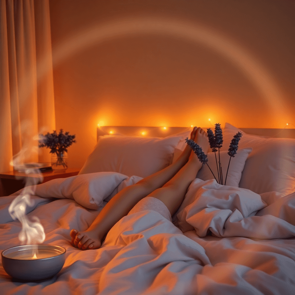 Cozy bedroom at dusk with warm lighting, plush bed, relaxed legs under covers, steam from a bowl, lavender vase, and glowing aura symbolizing calm ...
