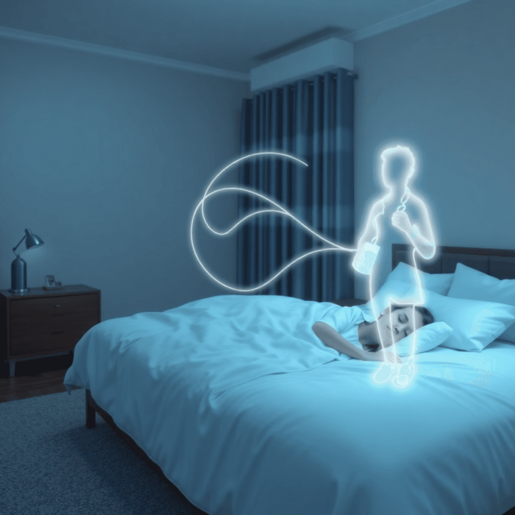 Cozy bedroom at night with a person sleeping peacefully, soft glowing lines connecting the room to a distant healthcare professional silhouette, re...