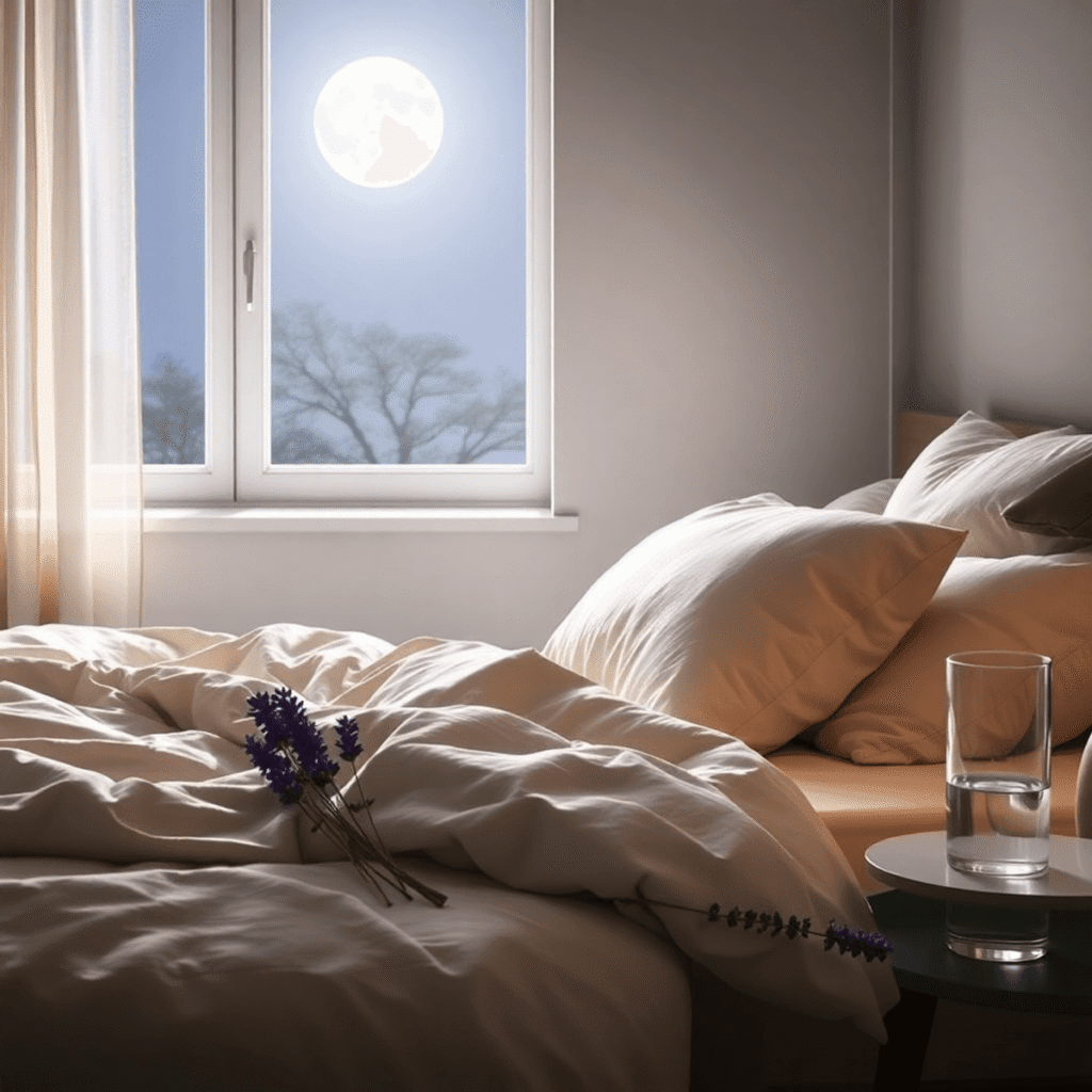 Cozy bedroom at night with soft pillows, blankets, moonlight through window, lavender flowers, and a glass of water on bedside table, creating a se...