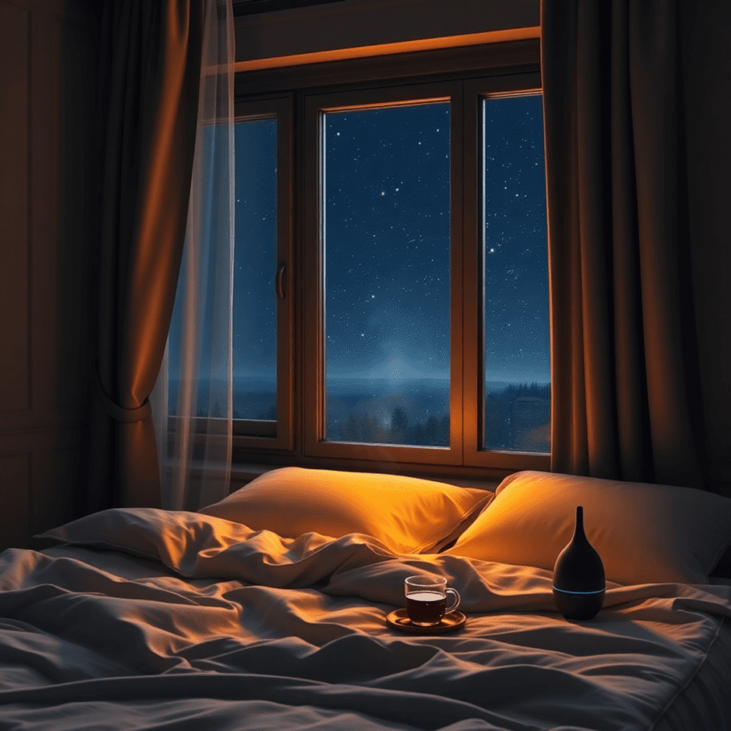 Cozy bedroom at night with soft pillows, warm lighting, blackout curtains, bedside table holding tea and diffuser, and a starry sky visible through...