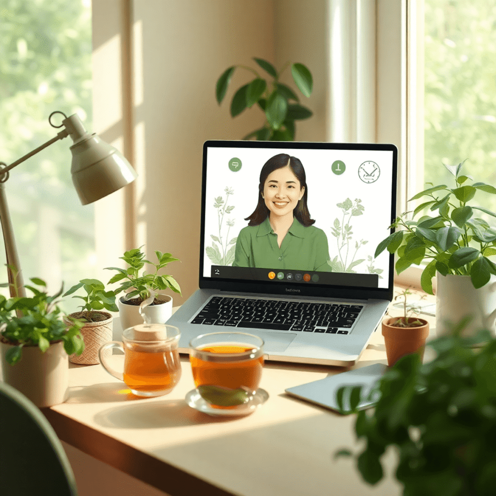 Cozy home workspace with potted herbs, steaming tea, soft sunlight, a laptop showing a video call with a friendly herbalist, surrounded by botanica...