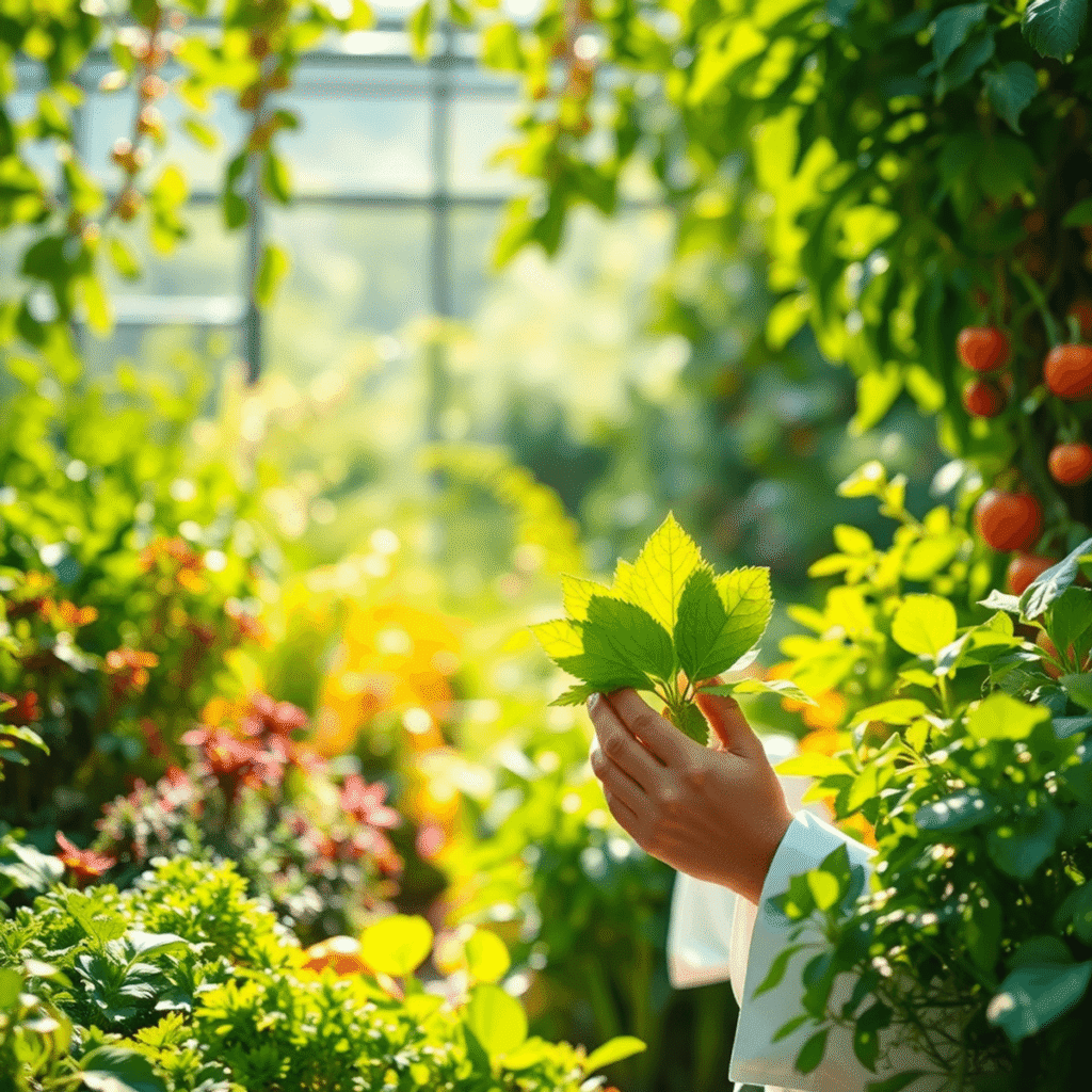 Doctor in white coat holding leafy plant in sunlit garden with vibrant vegetables and abstract leaf-based medical symbols.