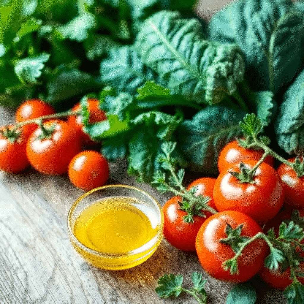 Fresh anti-inflammatory foods: ripe tomatoes, olive oil with herbs, spinach, and kale on rustic wood under soft natural light.