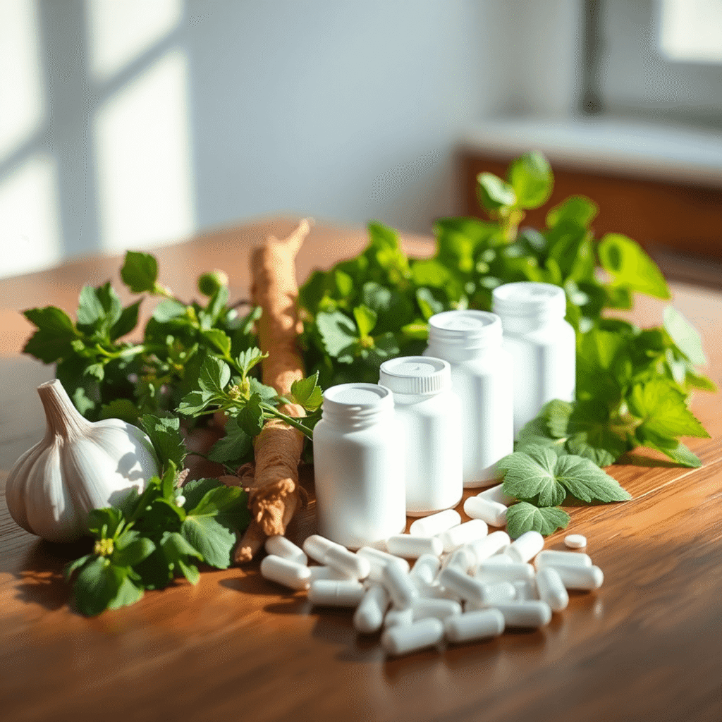 Fresh green herbs and white prescription pill bottles arranged on a wooden table in soft natural light, symbolizing the blend of herbal and convent...