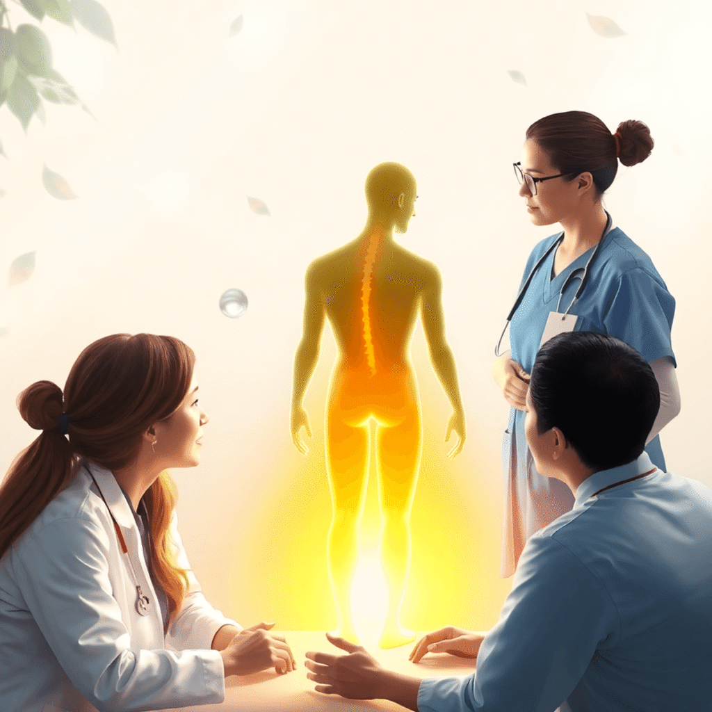 Healthcare professionals collaborating around a glowing human body silhouette, surrounded by soft natural elements symbolizing healing and holistic...