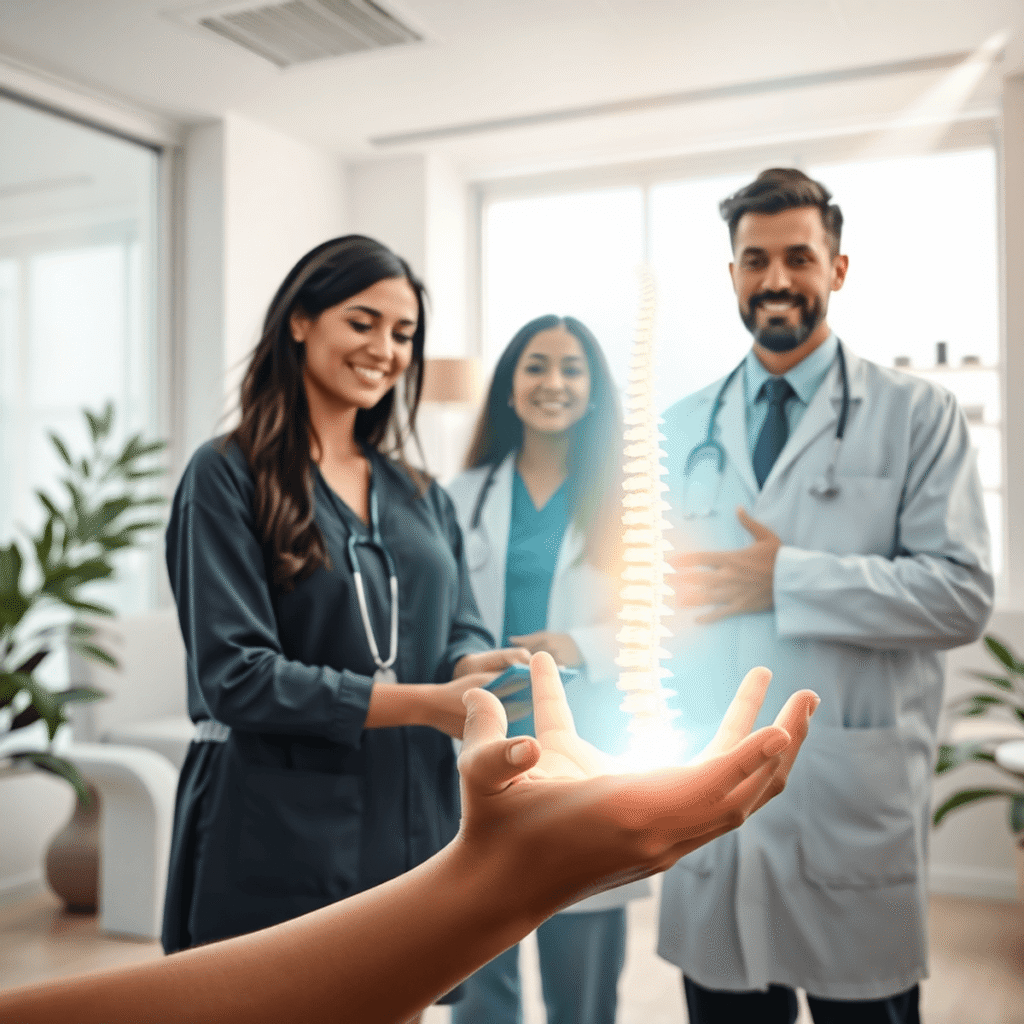 Healthcare professionals collaborating in a bright clinic with glowing hands holding a spine, surrounded by leaves, water, and light rays symbolizi...