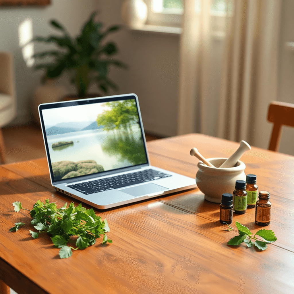 Laptop on wooden table showing nature scene, surrounded by fresh herbs, mortar and pestle, and essential oils in warm natural light.