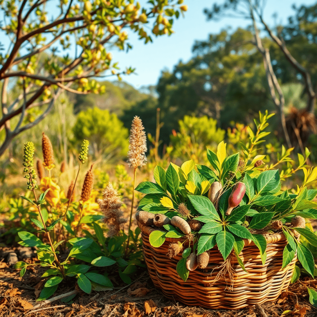Lush Australian bushland with eucalyptus, tea tree, kakadu plum, and a woven basket of leaves and roots in warm natural light.