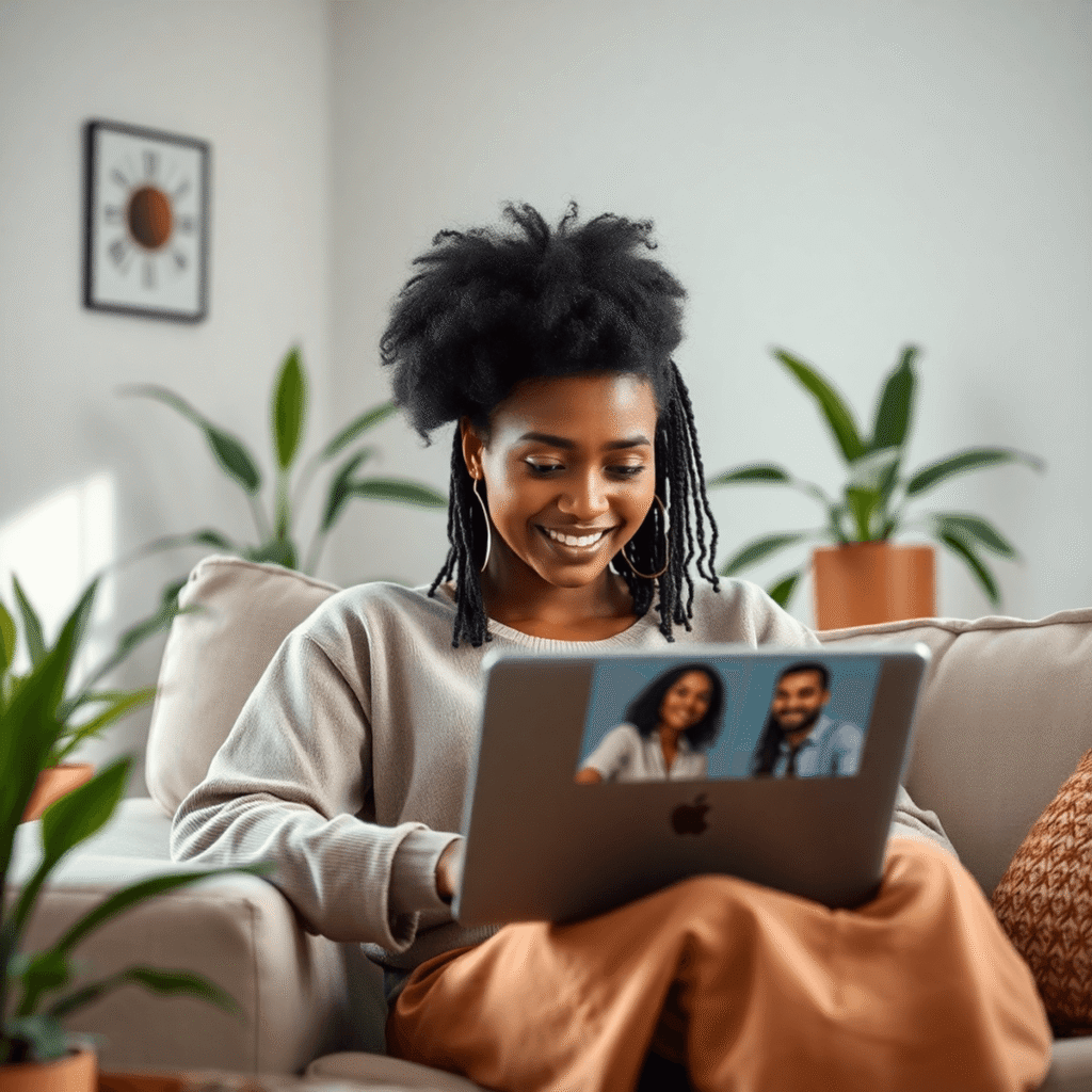 Person using a laptop for a video consultation in a cozy, plant-filled room with soft natural light and abstract shapes symbolizing care and connec...
