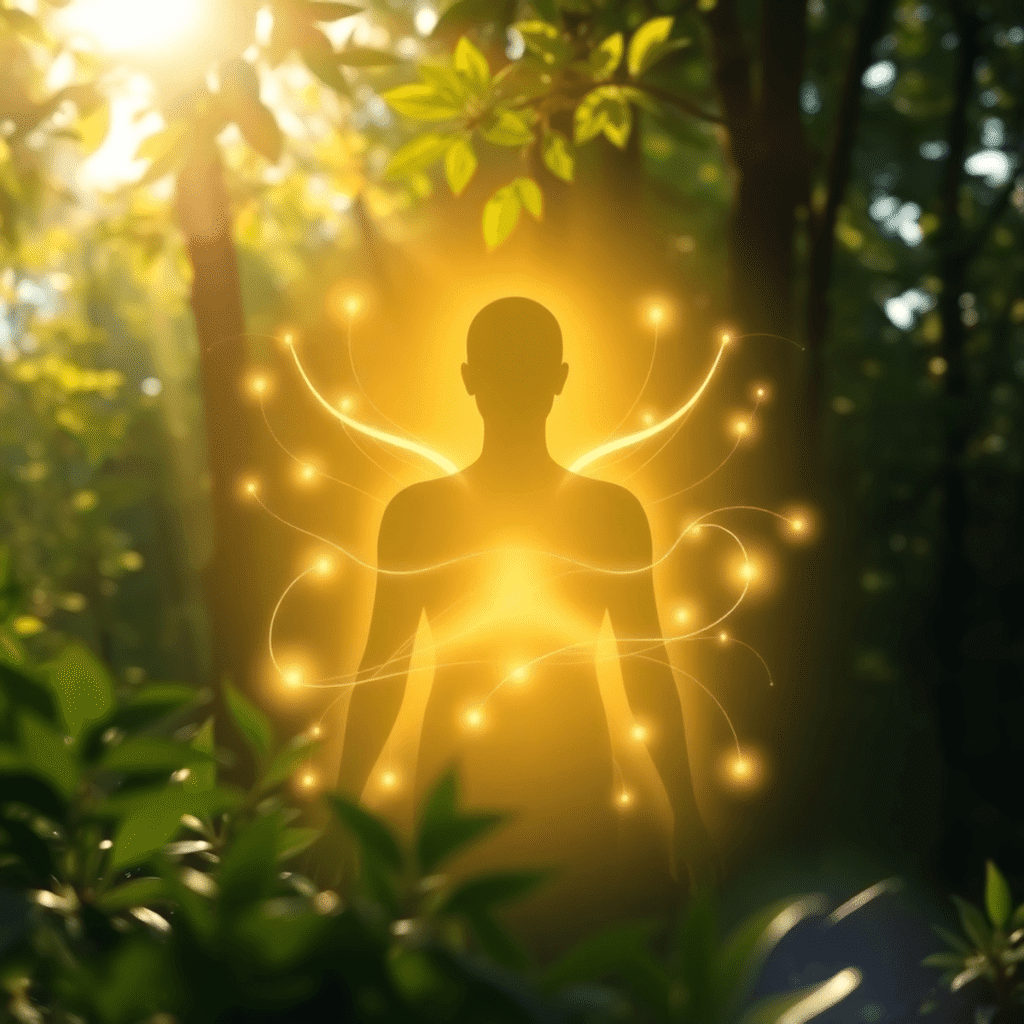 Silhouette of a person surrounded by glowing light and flowing lines, set against green leaves and sunlight filtering through trees, symbolizing he...