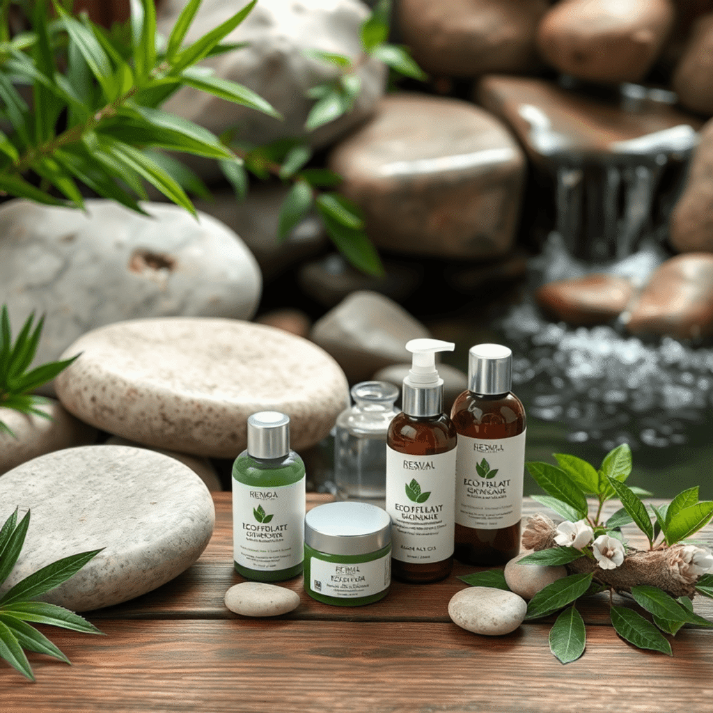 Spa scene with smooth stones, green plants, flowing water, and eco-friendly skincare products on a wooden surface, conveying relaxation and wellness.