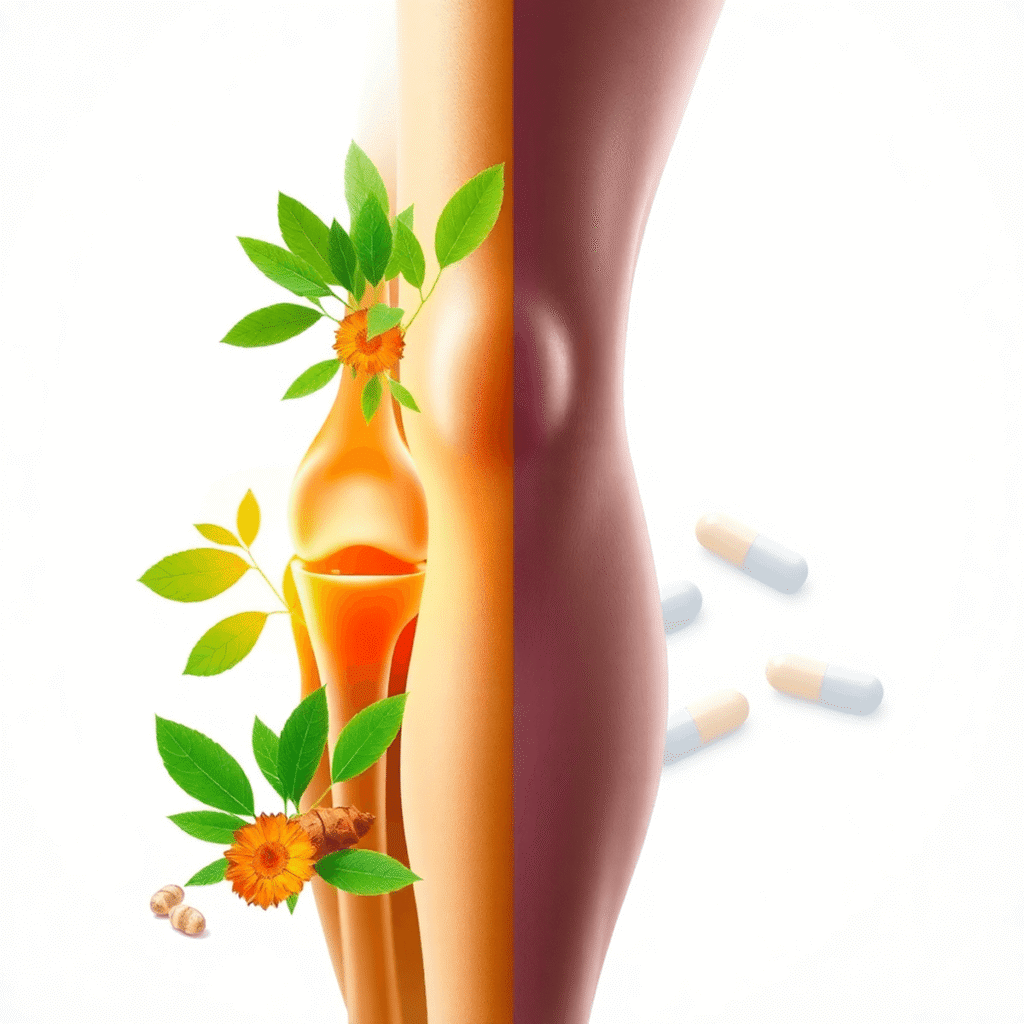 Split image of a healthy knee joint with natural herbs on one side and pharmaceutical capsules on the other, symbolizing natural versus medical pai...