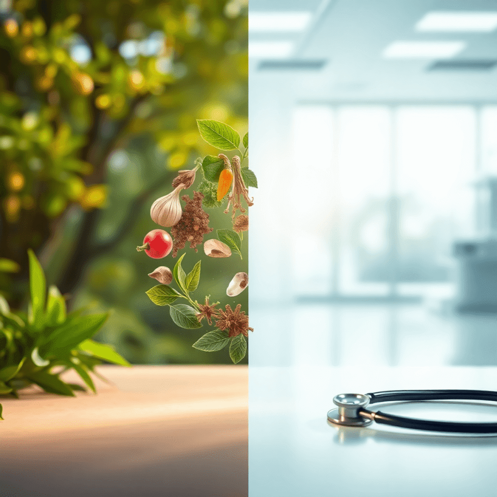 Yin-yang symbol made of herbs and medical tools, glowing softly against a background blending nature and clinical settings, symbolizing integrative...